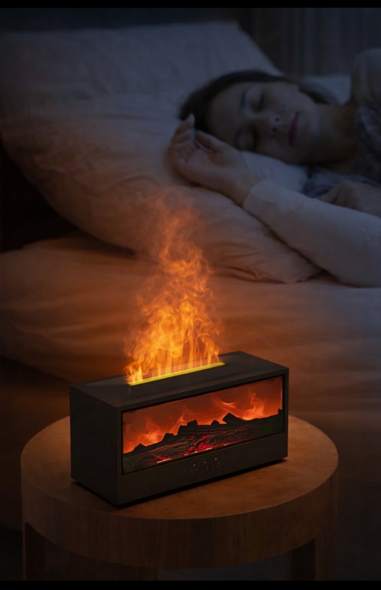 Flame diffuser humidifier with realistic fire effect for bedroom and relaxation